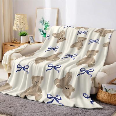 Watercolor Bear Bow Flannel Blanket Warm Soft Halloween Christmas Couch Warm Cozy Decorative Decor Gift for All Season