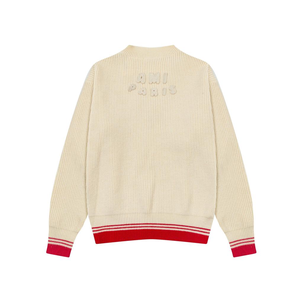 AMI New Autumn and Winter Knitted Striped V-neck Pullover, Long Sleeved with Heart-shaped Text Logo, Knitted Sheep Sweater Jacket