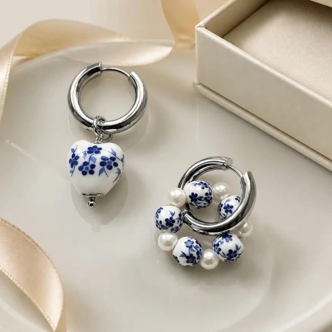 Blue and White Porcelain Ceramic Dangle Earrings: Ethnic-Style Fashion for Women