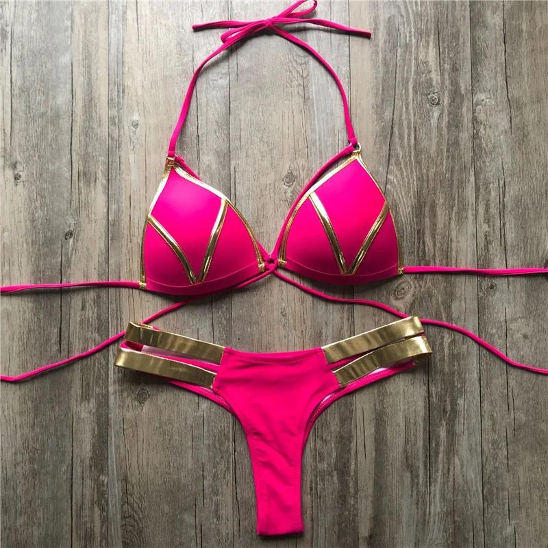 New Red Swimwear Push Up Swimsuit Women Biquini Padded Bathing Suit Gold Stamping Brazilian Bikini Set Thong Sexy Bikini