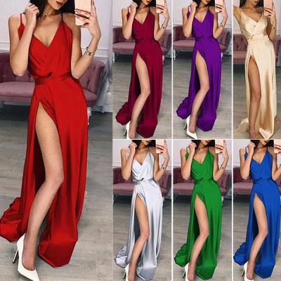 2025 New Women's Sexy V-Neck Slit Maxi Dress, Sleeveless Slit Evening Gown With High Thigh Split, Floor Length Formal Dress For Banquet & Party