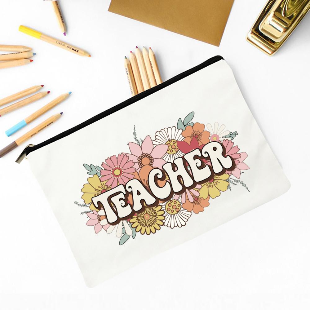 Teacher Flower Print Pencil Case Travel Makeup Bag School Stationery Supplies Storage Bags Wash Pouch Cosmetic Bags Teacher Gift