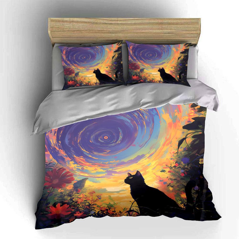 "Enchanting Cat-Inspired Nature Scene" Exquisite Three-Piece Bedding Set Gift For Kids And Adults