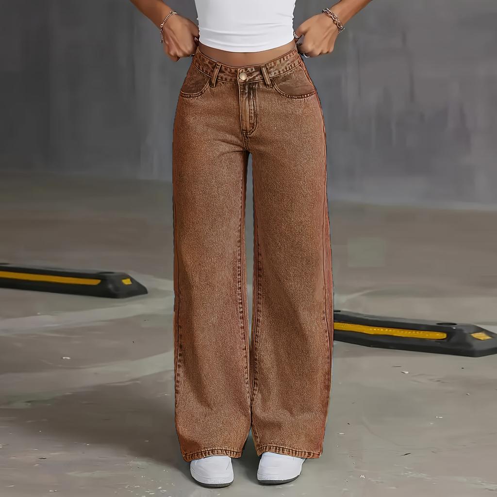 Women's Mid Waist Washed Women's Jeans Fashionable Versatile Straight Leg Pants
