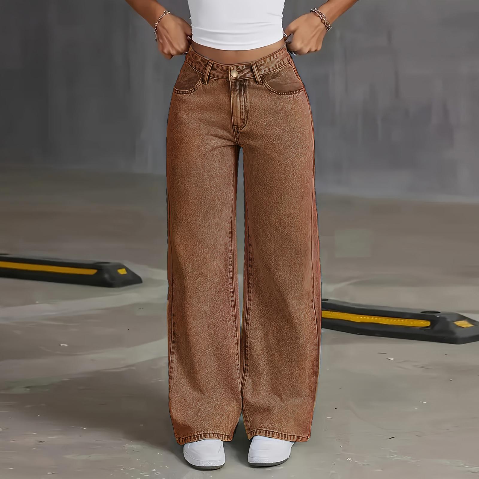 

Женские джинсы средней посадки, вареные, модные, универсальные, прямые брюки L коричневый