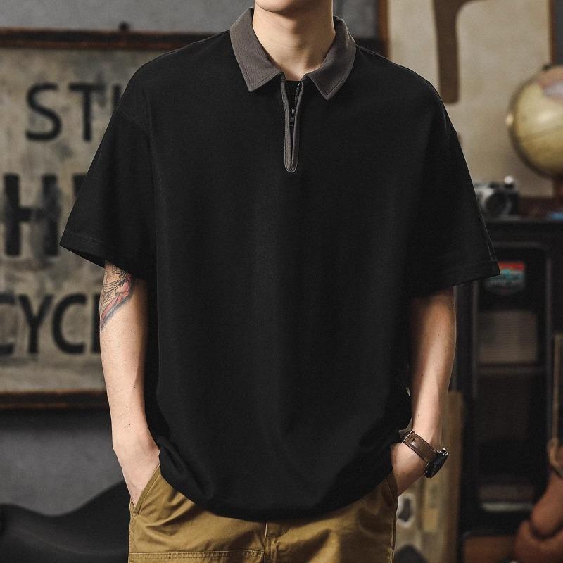 

Мужская футболка-поло с четвертью молнии и контрастным воротником, повседневная, свободного кроя, уличный топ M чёрный
