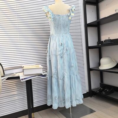 Women's Summer Waist and Thin Temperament Square Neck Suspender Skirt Blue Flower Unique Beautiful Temperament Dress