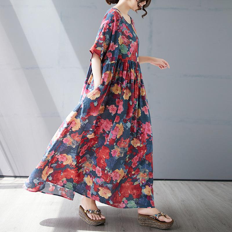 Summer New Simple Bohemian Long Dress Fattened and Enlarged Short-sleeved Crew Neck Printed Dress Women's Clothing