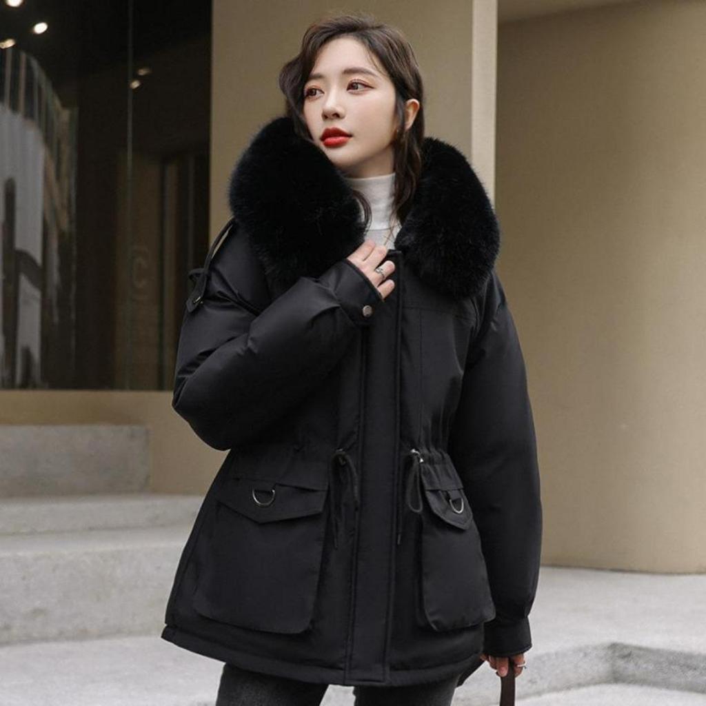 Women's Winter New Korean Style Loose Plush Down Cotton Jacket with Long Section Overcoat