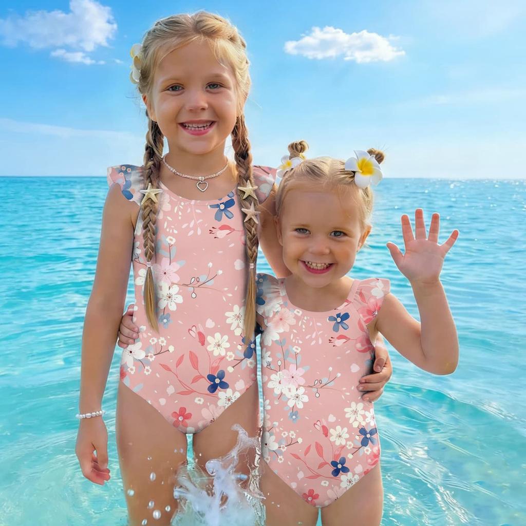 Girls One Piece Swimsuit Floral Print Sleeveless Ruffle Shoulder Design Lightweight Comfortable Fabric Suitable for Summer Beach Pool Swimwear