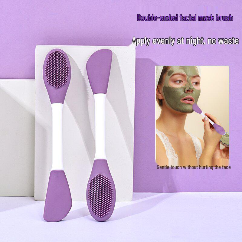 Double-Headed Silicone Facial Cleansing & Mask Brush with Scraper and Wiping Cloth темно-фиолетовый