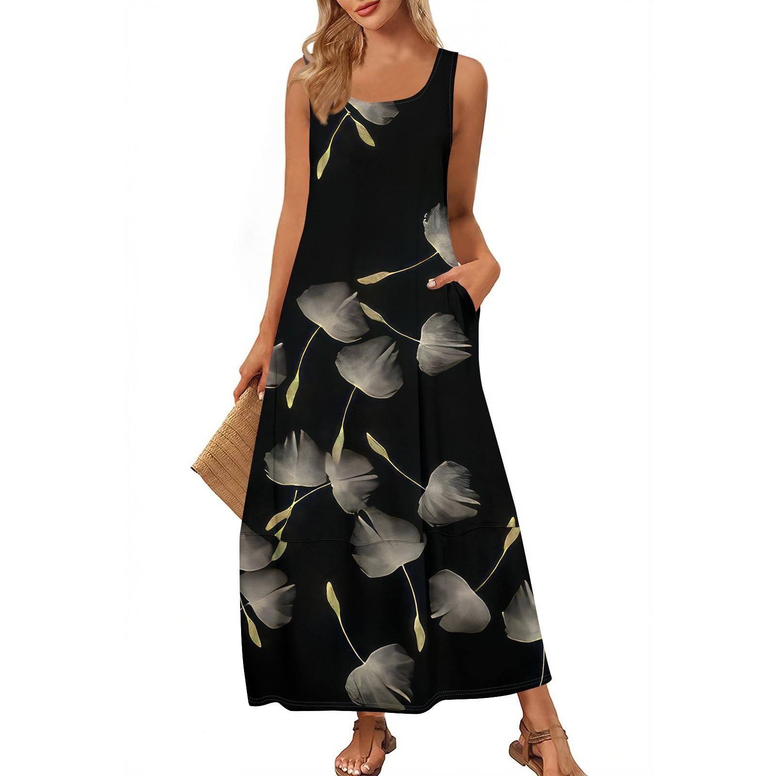 

Женский повседневный сарафан длиной до пола, летнее пляжное платье, круглый вырез, без рукавов, свободный сарафан с принтом XL чёрный