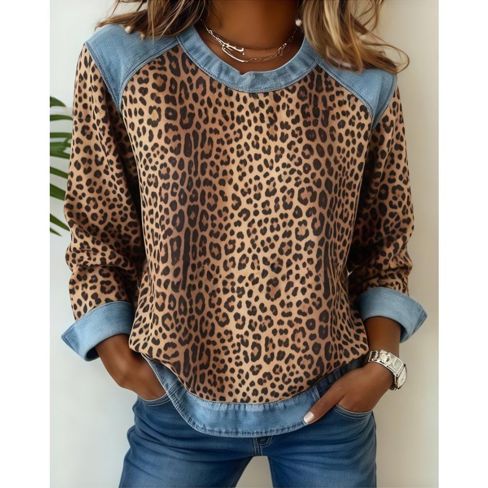 Damen karierter Patchwork-Kapuzenpullover aus Kunstdenim, Rundhals lockeres lässiges Sweatshirt, Mode bequemes Streetwear-Oberteil