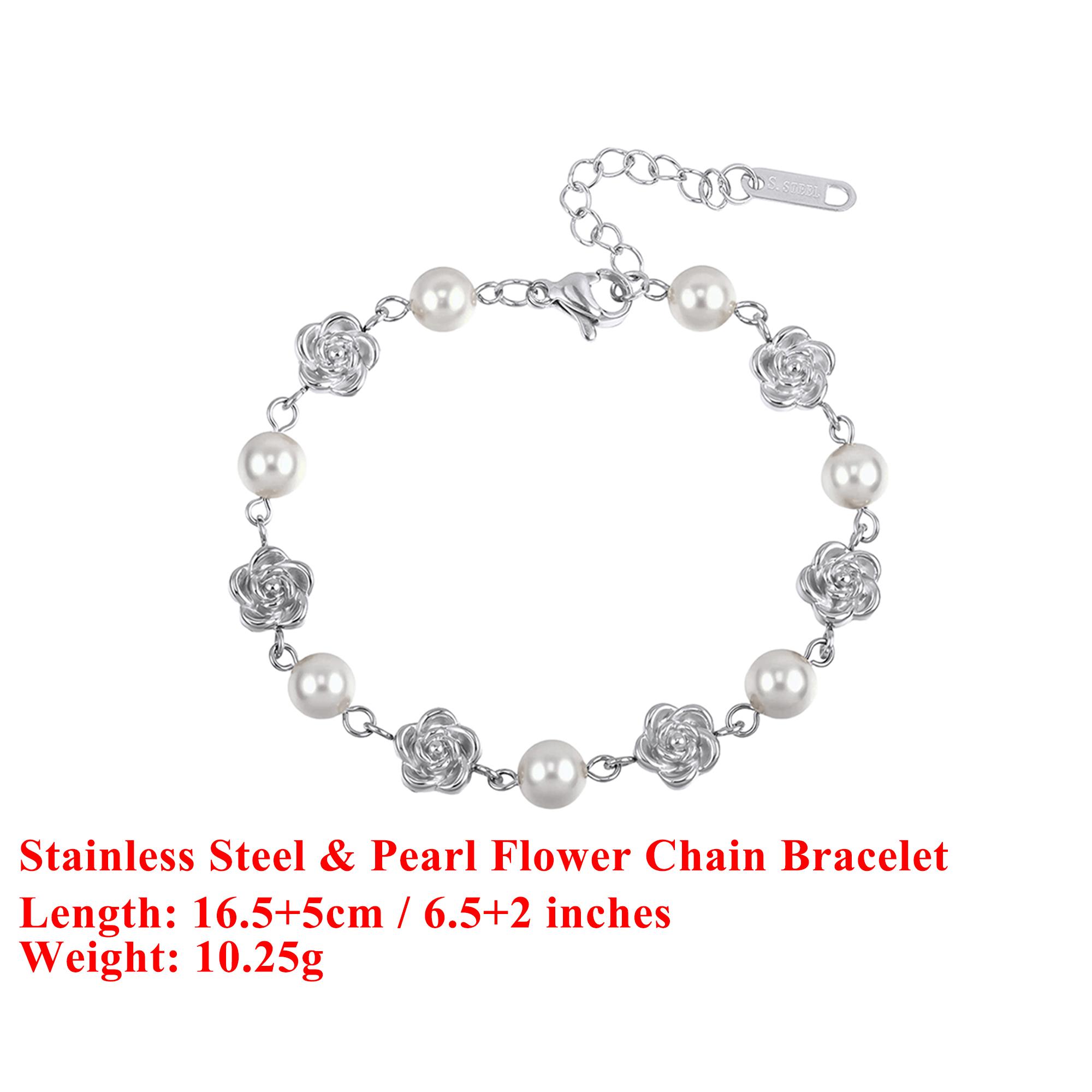 

EFFIE QUEEN Stainless Steel 18k Gold Flower Style Round Pearl Chain Bracelet Trendy Jewelry for Women, Men Wedding Party STPB03 срібний
