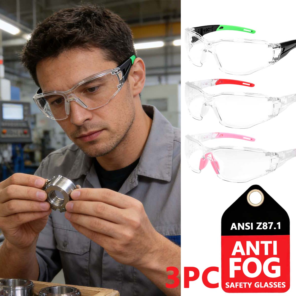

Clear Safety Glasses Bulk of 3, Protective Eyewear for Men Women, ANSI Z87.1 Impact Resistant Eye Protection for Work, Lab,HM12