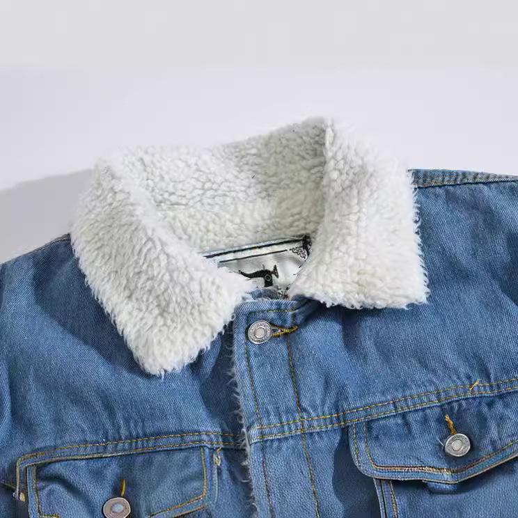 Herren Slim Fit Lammwolle Denimjacke, Hellblau gewaschen, Fleece gefüttert, Koreanischer Stil, Große Größen Winterjacke