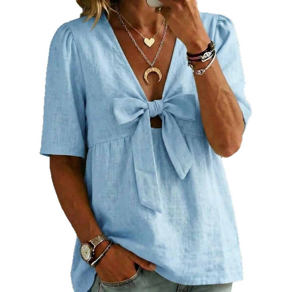 Women New Summer Fashion Loose Casual V-neck Tie Bow Blouse