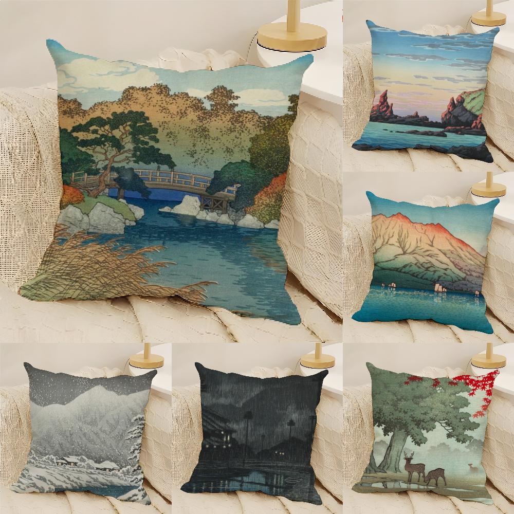 Landscape Kawase Hasui Pillow Case Natural Linen Organic Fabric Double-Sided Printing Sofa Home Decor Cushion Cover