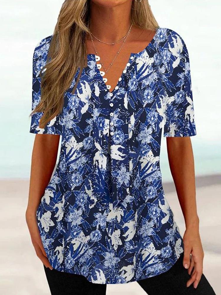 Damen Sommer T-Shirt Blumendruck V-Ausschnitt Kurze Ärmel Damen Top Vintage Mittellanges lockeres Top Damenkleidung