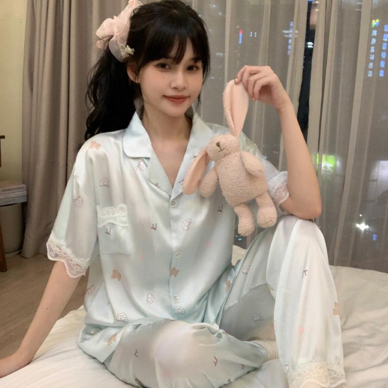 Summer Ice Silk Short-Sleeved Trousers Pajamas Women'S Japanese Cartoon Printed Sweet Loungewear Set