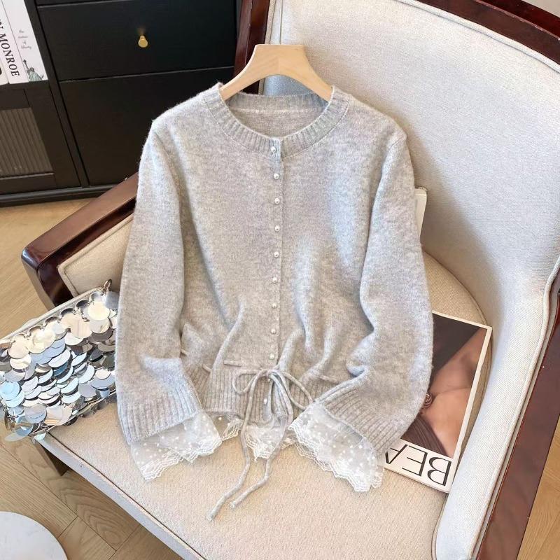 Gentle lace splicing lace-up knitted sweater spring and autumn new design drawstring waist sweater top