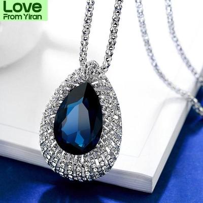 Vintage Blue Crystal Water Drop Pendant Long Necklace For Women  New Sweater Necklaces Gifts