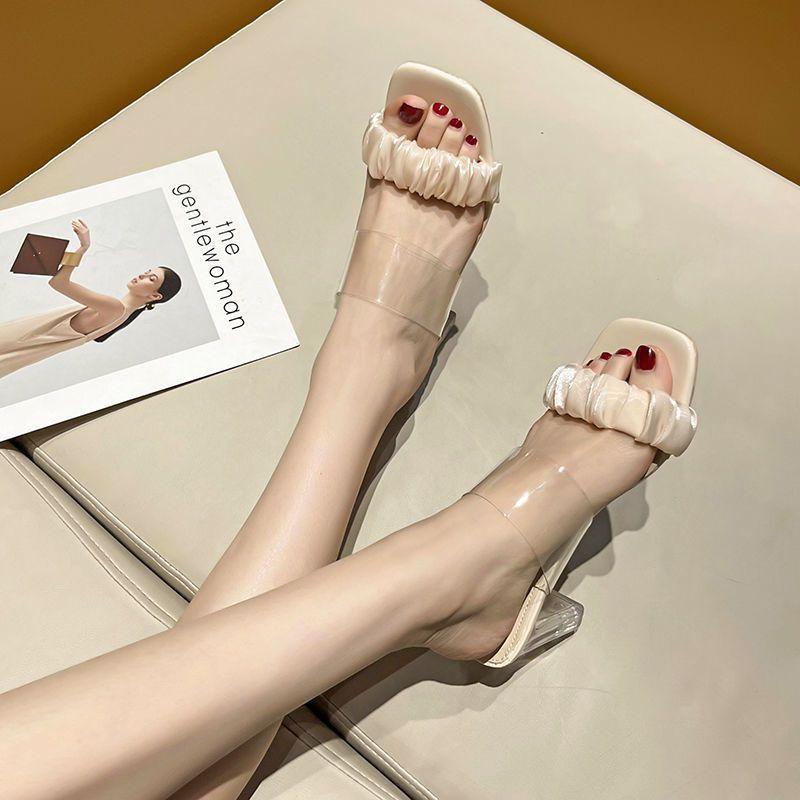 Internet Celebrity Slippers Women 2025 Summer New Versatile Crystal Transparent Thick Heel Fairy Wind High Heel Cool Slippers Ins Tide