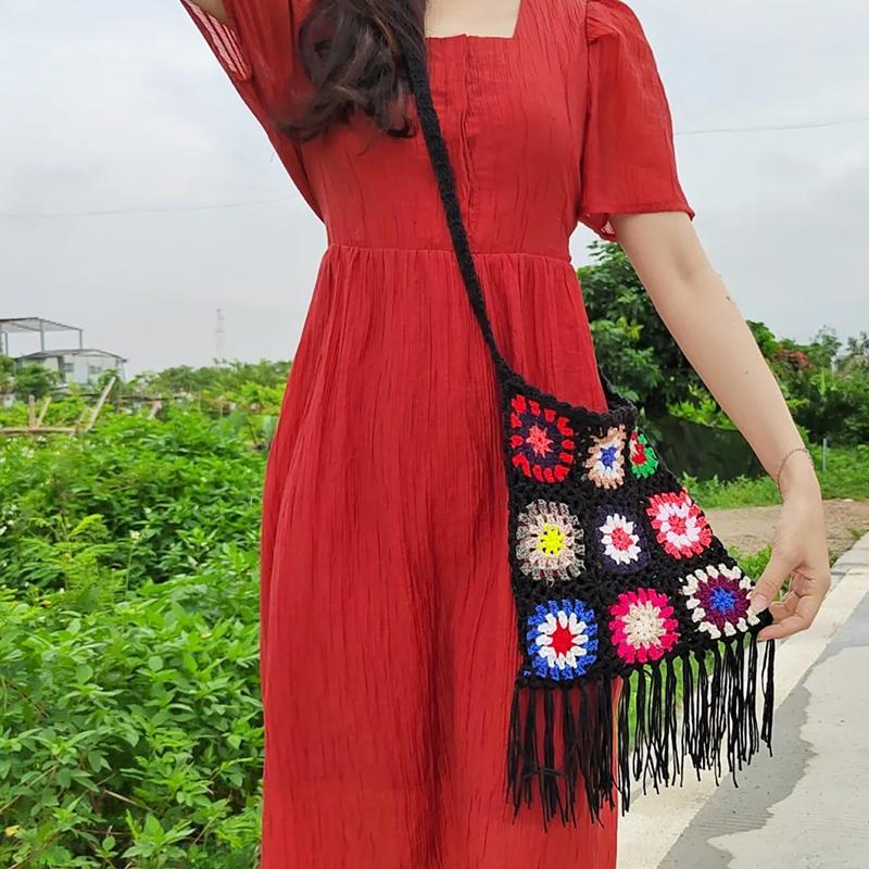WTEMPO Ethnic Style Hollow-out Woven Retro Casual Versatile Single Shoulder Bags Large Capacity Women's Travel Shopping Message Bags