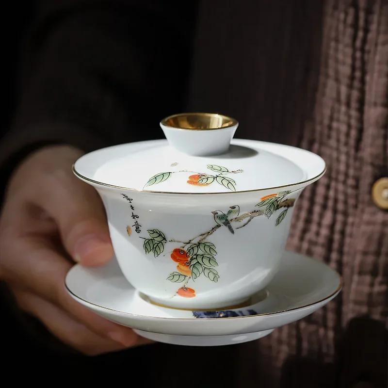 

Gongfu Tea Set Ceramic San Cai Gai Wan China Handmade Tea Cups Gaiwan Tureen Hand-painted Tea Bowls