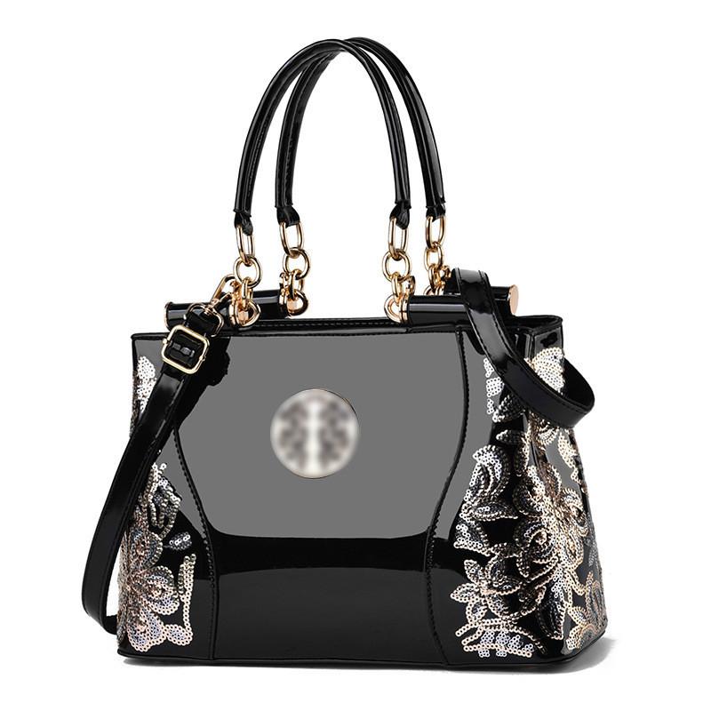 Stylish European And American Retro Large Pu Leather Shoulder Bag With Embroidery чёрный