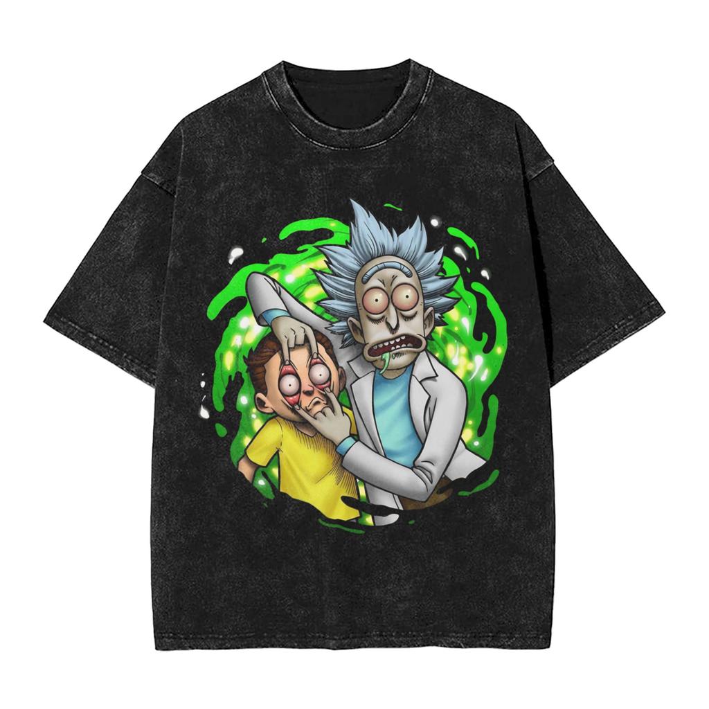 R-Rick and M-Morty Vintage Washed T-Shirt Men Polyester Clothing Kawaii Adventure Crewneck Short Sleeve