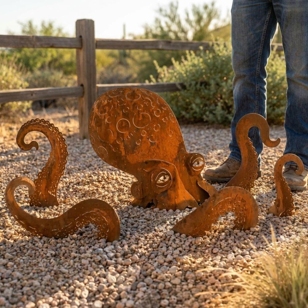 Vintage Iron Rusty Metal Squid Garden Statue Coastal Art Squid Yard Art Decor Outdoor Yard Art