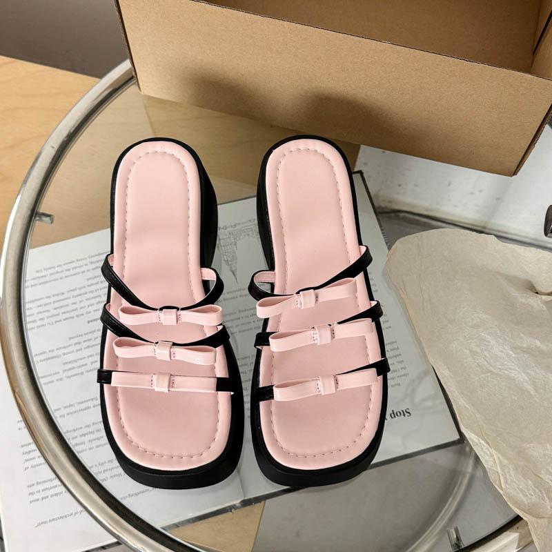 French beautiful bow slippers female summer wear 2025 fairy style thick bottom open toe wedge heel high heel sandals