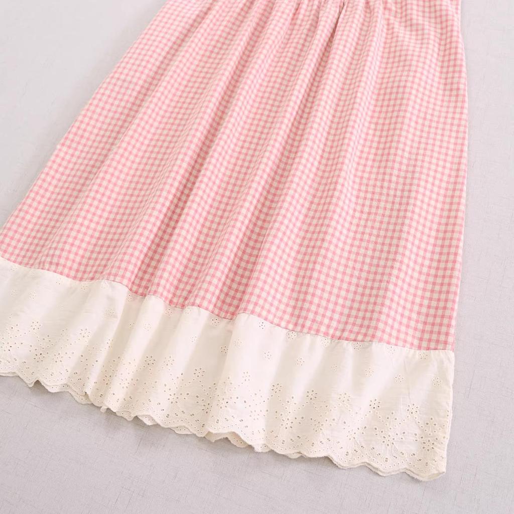 Sweet Mori Girl Plaid Embroidered Lace Sleeveless Vest Dress with Front and Back Ties