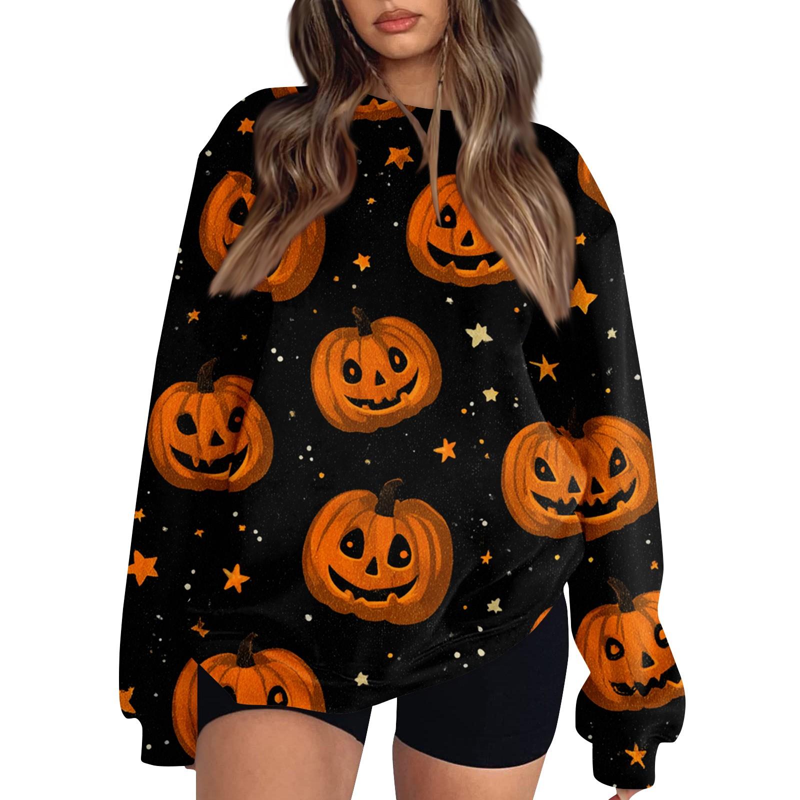 Women s Fashion Casual Long Sleeve Halloween Printed Neck Sweatshirt Top L