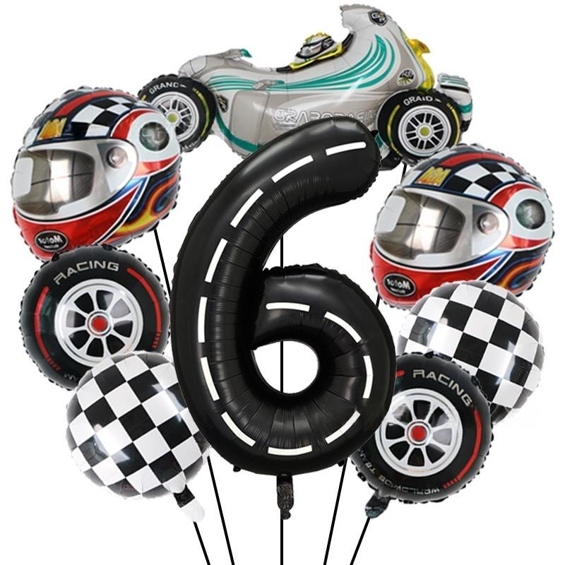 8 Pcs Race Car Theme Number Foil Balloon Set 40Inch Digit Motor Helmet Wheel Tire Racing Balloons Boy Birthday Decoration Baby S
