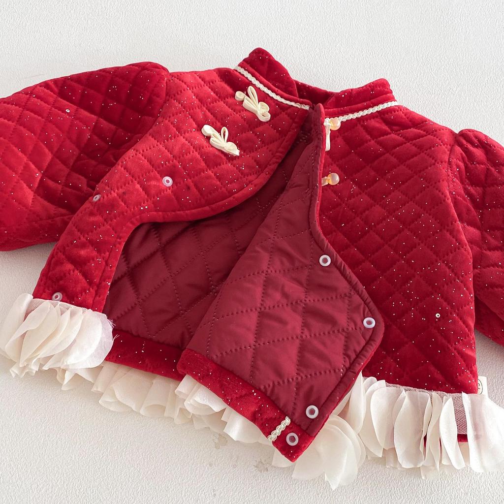 Girls' 2025 Winter Quilted Chinese New Year Retro Slanted Collar Cotton Jacket