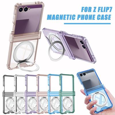 Etui na Samsung Galaxy Z Flip 7 Przezroczyste Ochrona przed upadkiem na Cztery Narożniki Składany Zawias Twarde Etui Magnetyczny Uchwyt z Obracającym się Pierścieniem