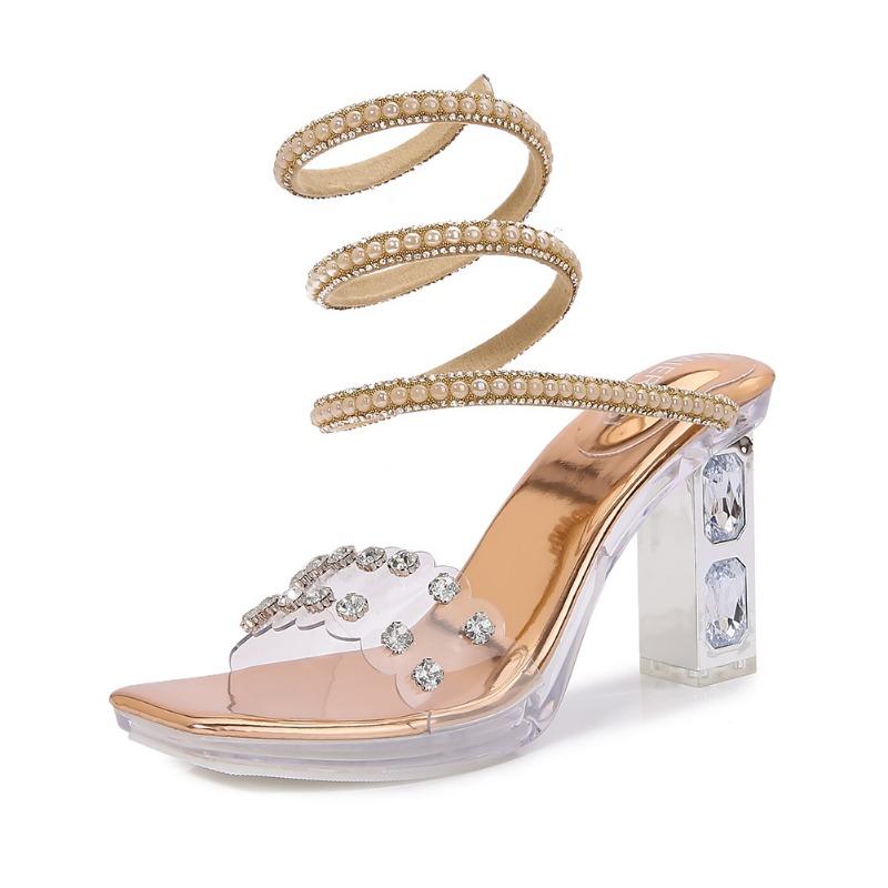 

Сандалии на толстом каблуке со стразами, в виде змеи, белые, летние, для показа автомобилей, новые, ремешок на одно слово, модные, хрустальные туфли на высоком каблуке 43 шампанского