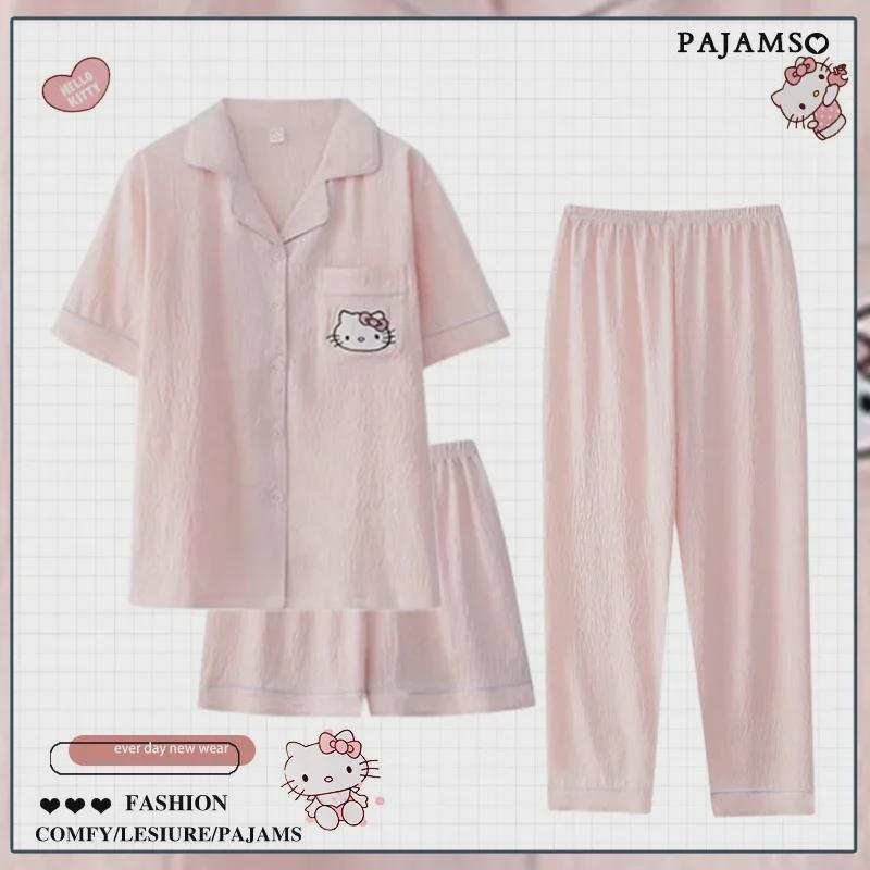 Dopamin Pembesi Çizgili Yazlık Pamuk Krep Pijama Takımı - Kadın Kısa Kollu Üç Parça