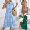 Women's Stand Collar Ruffle Sleeve Midi Dress High Waist Belted Shirt Dress Casual A Line Sundress