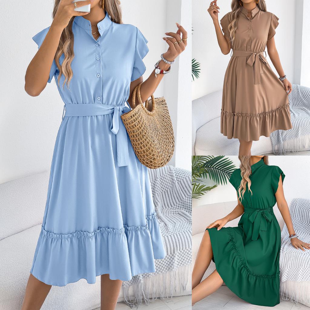 Women's Stand Collar Ruffle Sleeve Midi Dress High Waist Belted Shirt Dress Casual A Line Sundress