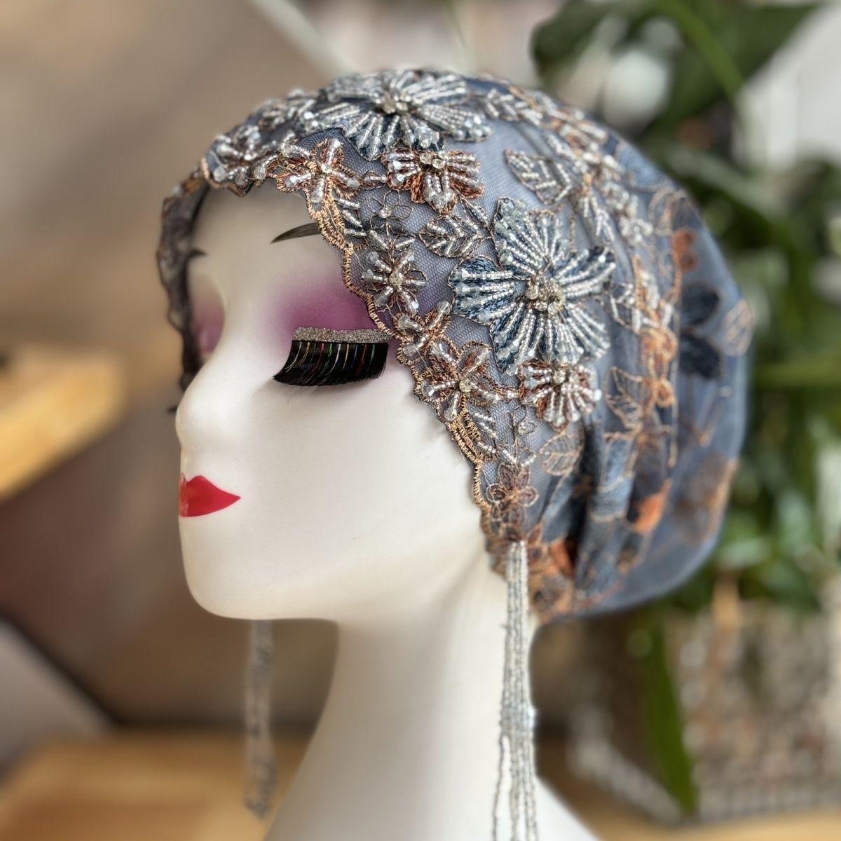 Тяжелая промышленность Двухслойная вышивка Тюрбан Тонкий модный шарф Кисточки Кружевная шляпа Ручная работа синий