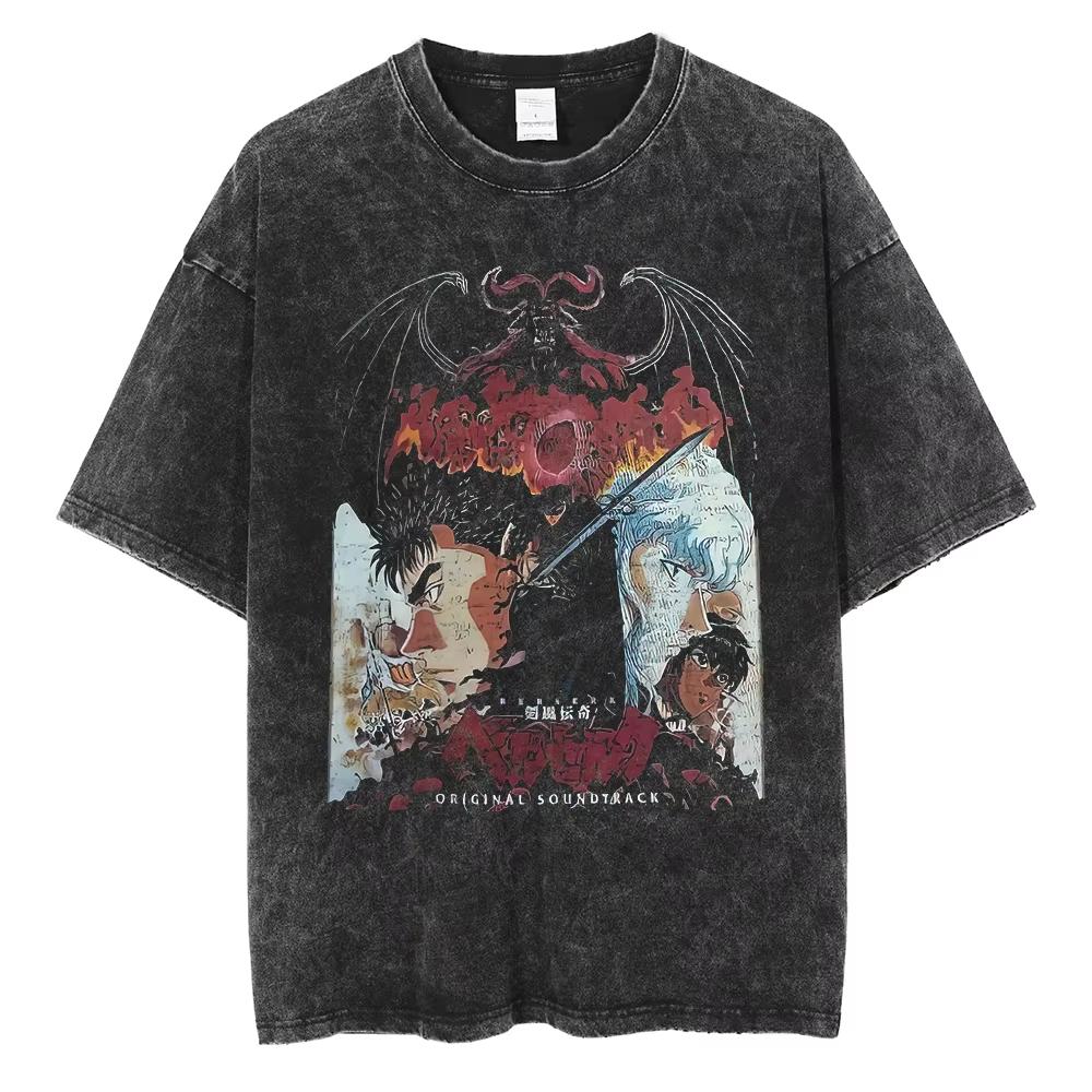Berserk Anime Guts Charakter Vintage Gewaschenes Baumwoll-T-Shirt Retro Manga Grafik Sommer Kurzarm Locker Geschnittene Oberteile Für Männer Frauen Tägliche Freizeitkleidung
