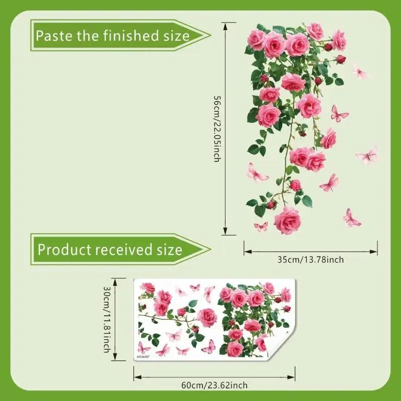 New 1PC Pink Rose Butterfly Design Living Room Wall Sticker Flower Vine Window Decal Glass Door Wall Decor