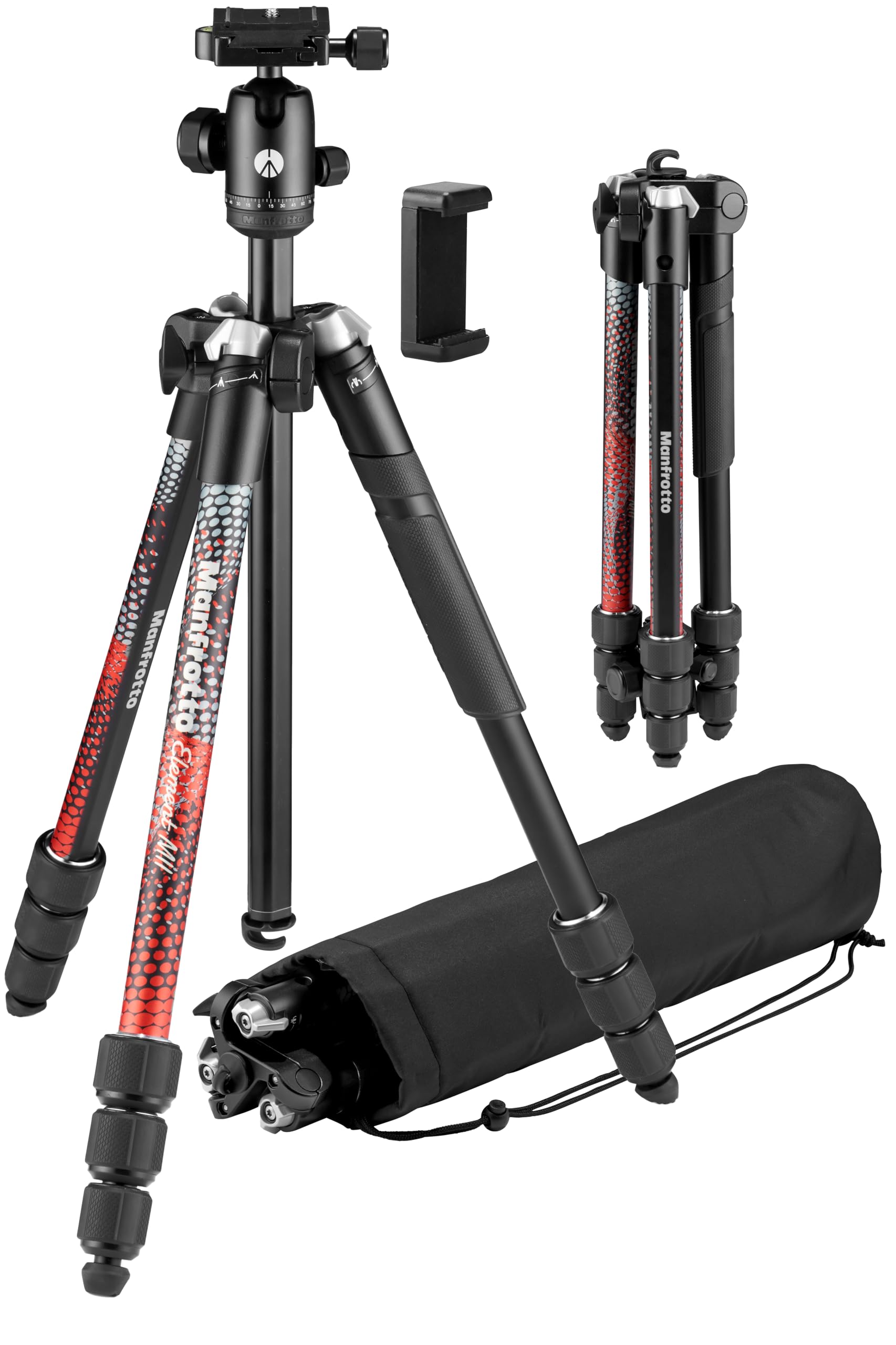 

Manfrotto Element MII Travel Aluminum Tripod 8kg Load Maximum Height Folded Ball Carrying JP A00015BMN Tripod, 4-Section Kit, Red, Lightweight, 1.55kg