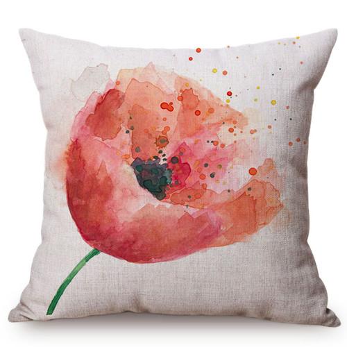 Watercolor Red Flower Splatter Art Sofa Decorative Throw Pillow Case Violet Green Leaves Yellow Petal Cotton Linen Cushion Cover