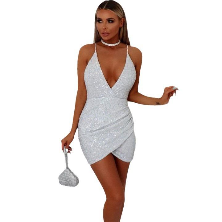 Neue europäische und amerikanische Damenbekleidung unabhängige Station weißes Pailletten sexy Träger tiefes V enges Kleid Frühling