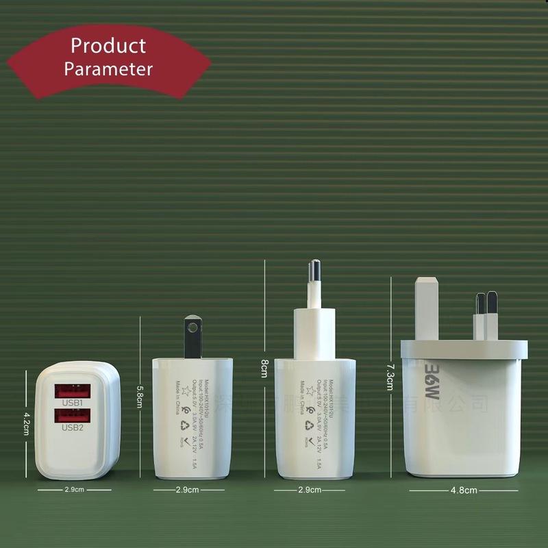 Dual USB 36W Mobile Phone Charger - 5V/2A Adapter for EU/US/UK Standards