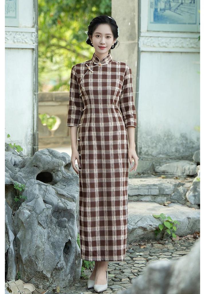 2025 Autumn Retro Plaid Comfortable Cheongsam Dress